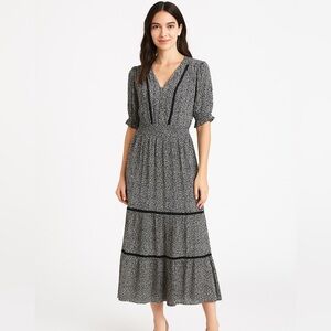 Roan + Ryan Black White Boho Tiered Maxi Dress Smocked Waist Ruffle Sleeve S